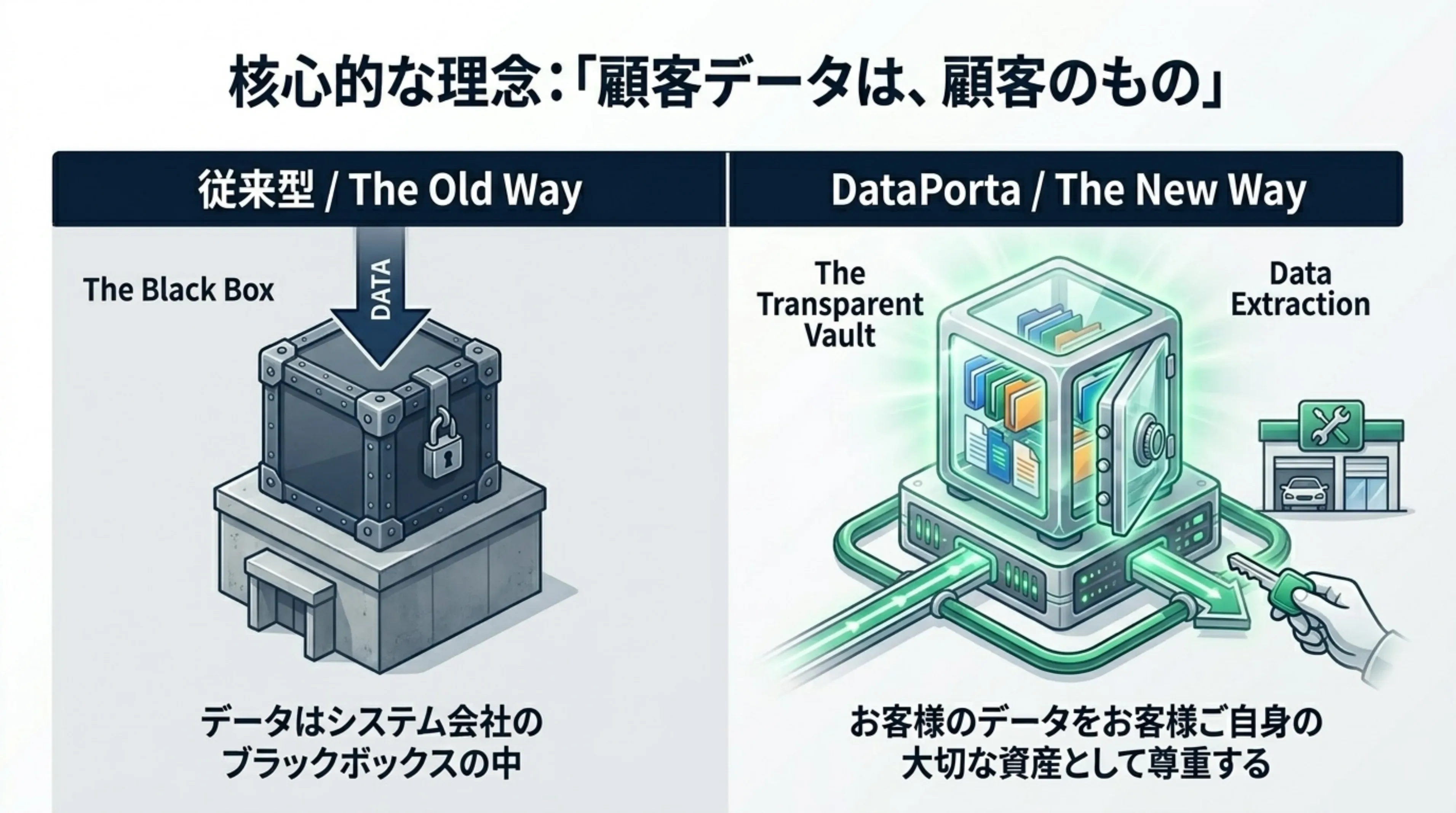 従来型(The Black Box):データはシステム会社のブラックボックスの中 vs DataPorta(The Transparent Vault):お客様のデータをお客様ご自身の大切な資産として尊重する